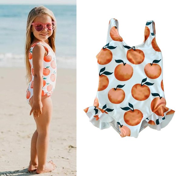 NWOT | GIRLS RUFFLED ONE-PIECE SWIMSUIT W/ORANGE PRINT | SZ 2T - Picture 1 of 3
